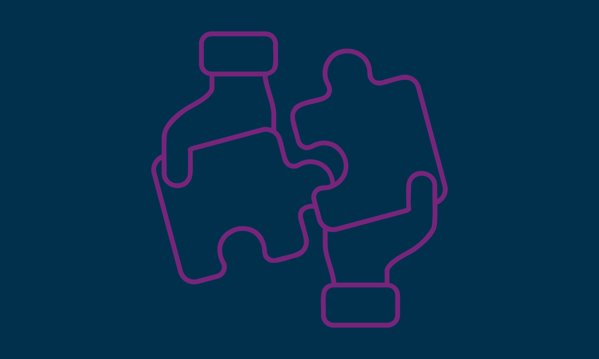 Dessin linéaire d’une femme adulte et d’une jeune fille souriantes, suggérant une mère ou une personne aidante avec un enfant, sur un fond bleu foncé.