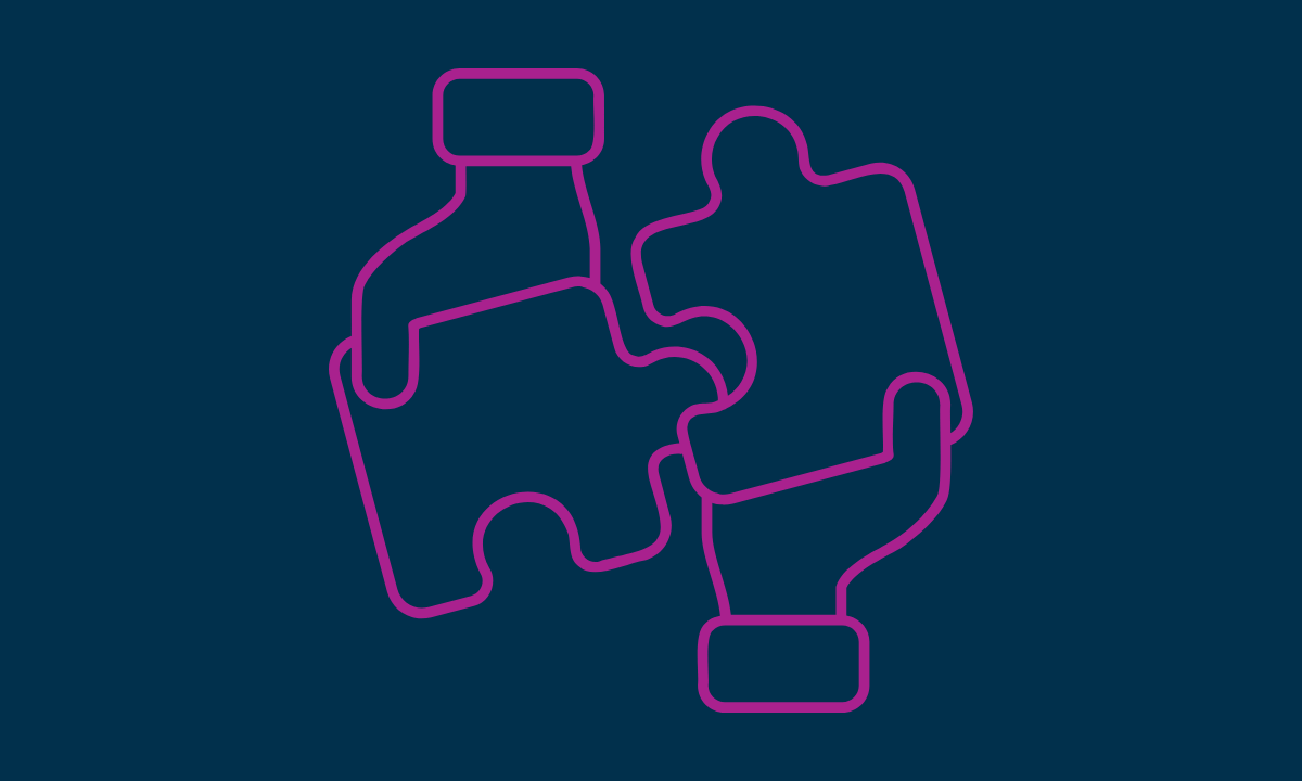 Two hands holding interlocking puzzle pieces, outlined in purple, symbolizing collaboration or partnership, on a dark blue background.