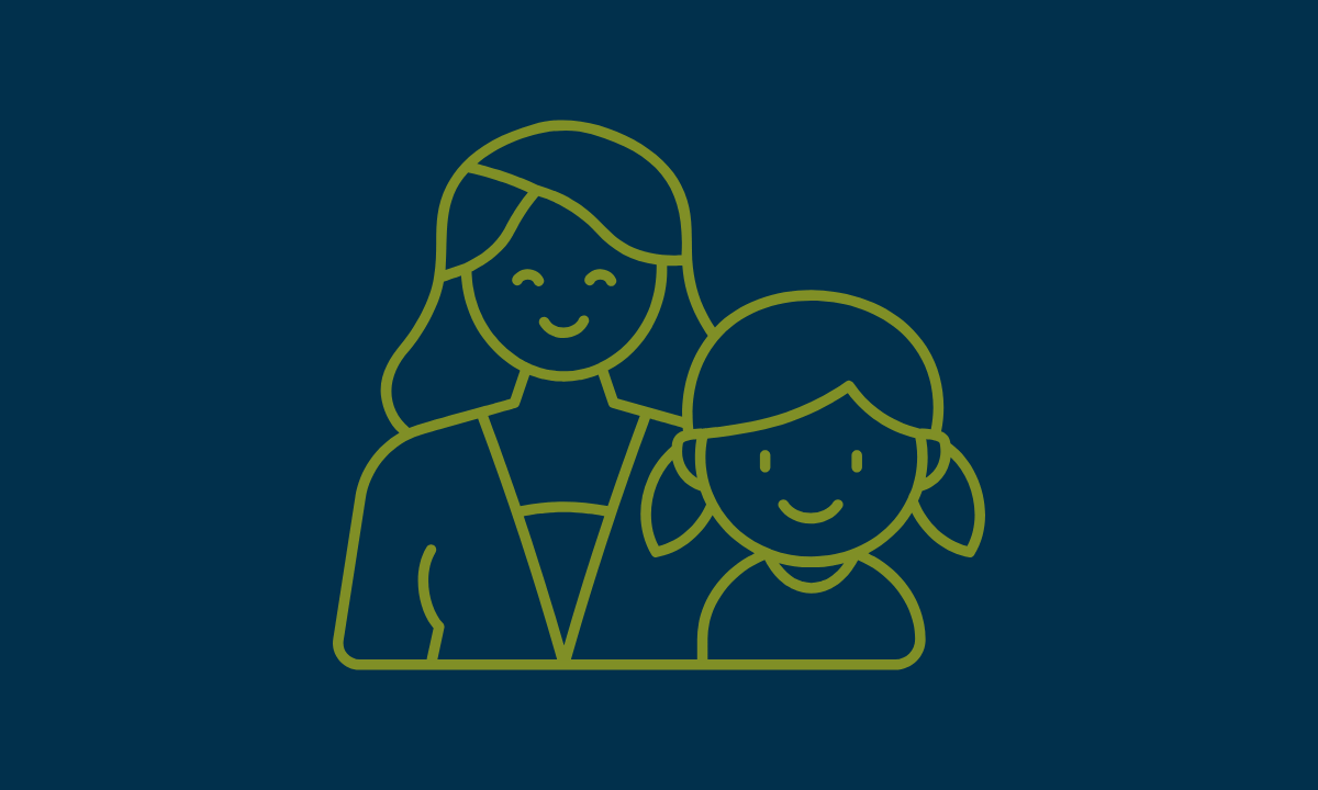 Line drawing of an adult woman and a young girl smiling, suggesting a parent or caregiver with a child, on a dark blue background.