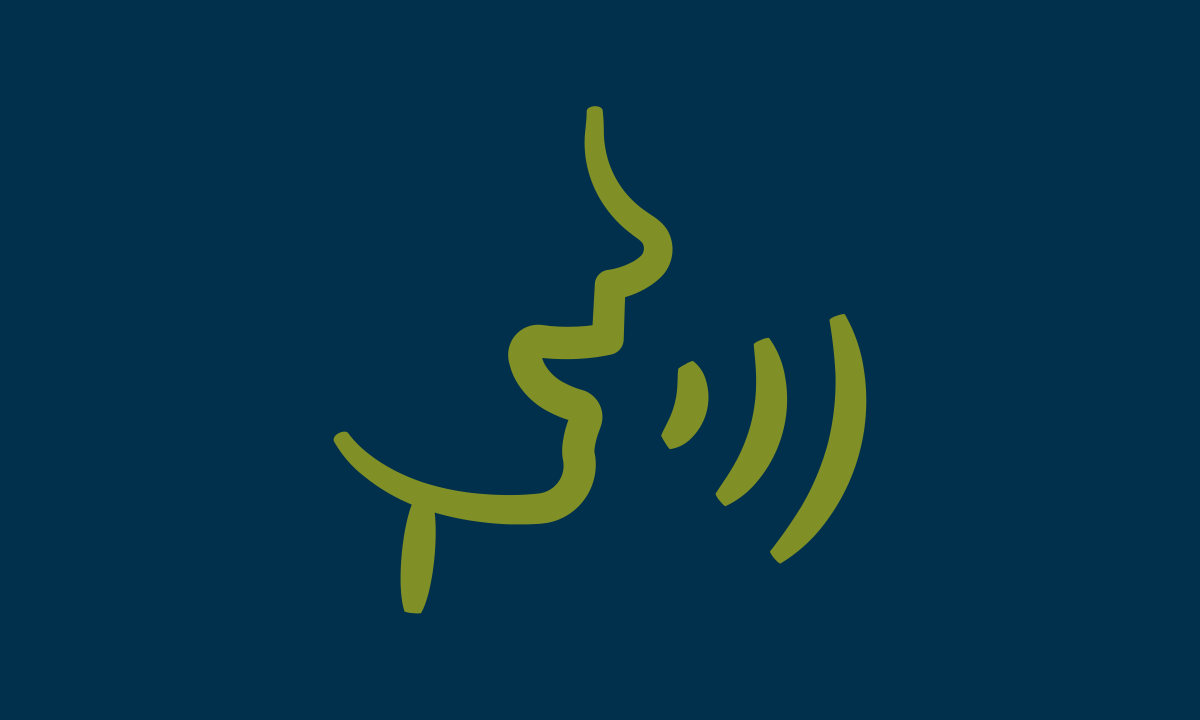 Contour jaune stylisé d’un visage humain de profil, tourné vers la droite, avec trois lignes courbes près de la bouche représentant la parole, sur un fond bleu foncé.